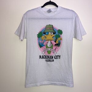 VTG Mackinaw Michigan Tropical Birds Graphic White Shirt 80s 90s Printed Tee